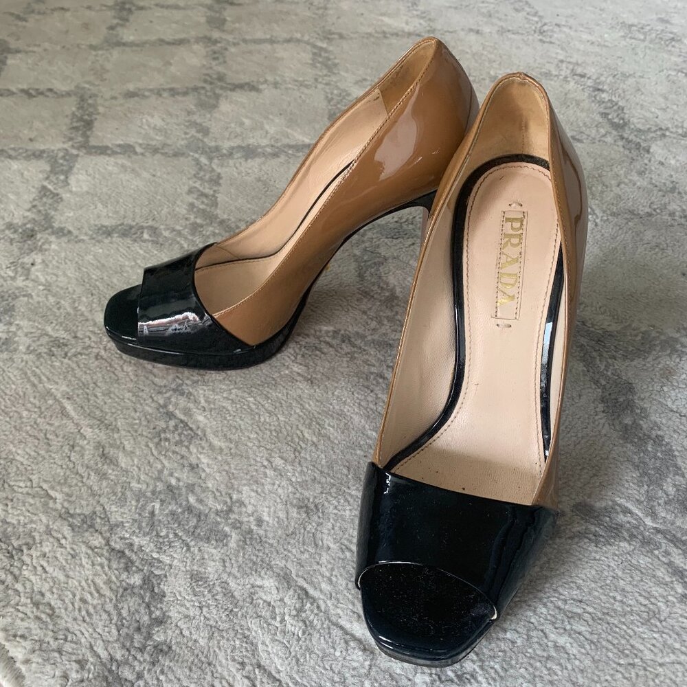 Prada color block peep toe pumps